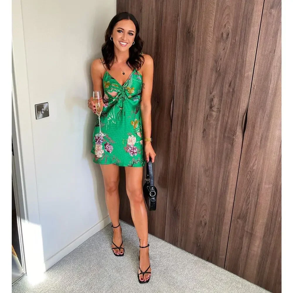 ZARA Green Floral Slip Mini Dress NWT – V-Neck Ruched Tie Spaghetti Strap, SZ M - Picture 11 of 16